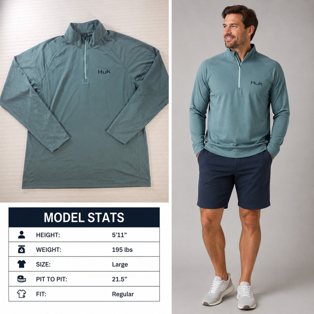 Huk Mens Pursuit Quarter Zip Long Sleeve Performance Shirt Blue Green Large